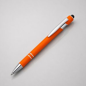 Ручка металлическая soft-touch шариковая со стилусом Sway, оранжевый/серебристый