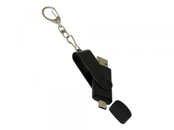 USB-флешка на 256 Гб 2 в 1 поворотный механизм, c дополнительным разъемом Type-C с одноцветным металлическим клипом, черный