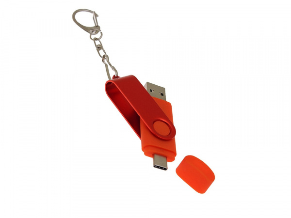 USB-флешка на 256 Гб 2 в 1 поворотный механизм, c дополнительным разъемом Type-C с одноцветным металлическим клипом, красный