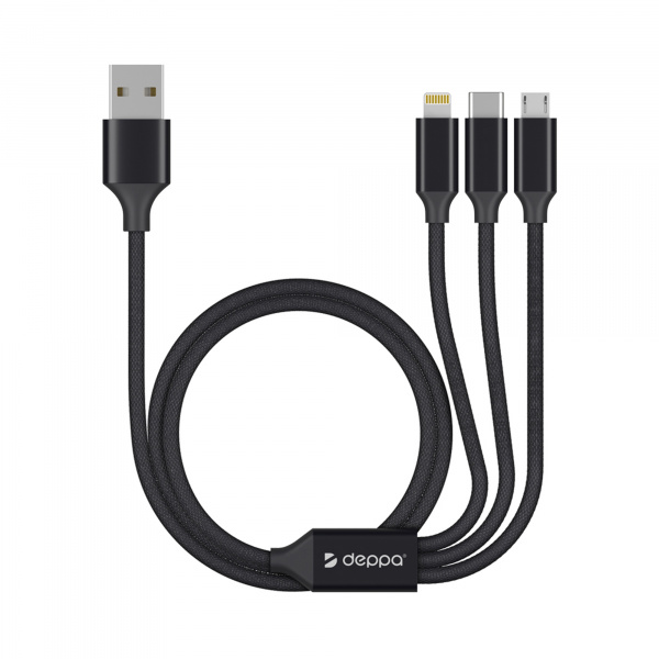 Дата-кабель 3 в 1: micro USB, USB-C, Ligthning, алюминий, 1.2м, черный, Deppa