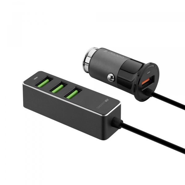 АЗУ 1 USB + 3 USB для пассажиров, QC 3.0, 7А, алюминий, графит, Deppa