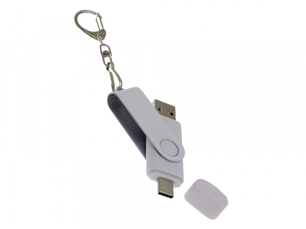 USB-флешка на 256 Гб 2 в 1 поворотный механизм, c дополнительным разъемом Type-C с одноцветным металлическим клипом, белый