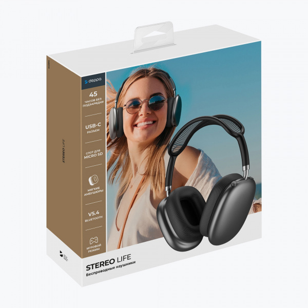Беспроводные накладные наушники Stereo Life, BT 5.4, 350мАч, серый космос, Deppa