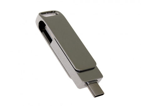 USB 3.0- флешка на 32 Гб поворотный механизм 2 в 1, c дополнительным разъемом Type-C с одноцветным металлическим клипом, серебристый