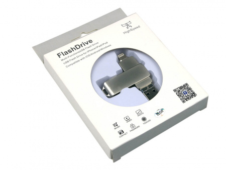 USB-флешка на 32 Гб, интерфейс USB3.0, поворотный механизм,c дополнительными разъемами для I-phone Lightning и Micro USB,  полностью металлический корпус, серебро