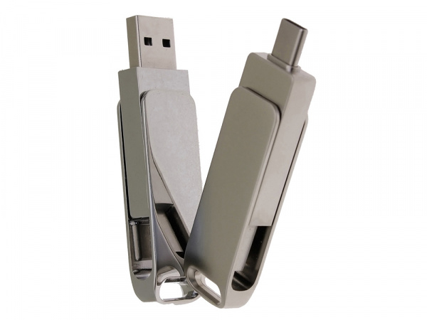 USB 3.0- флешка на 256 Гб поворотный механизм 2 в 1, c дополнительным разъемом Type-C с одноцветным металлическим клипом, серебристый