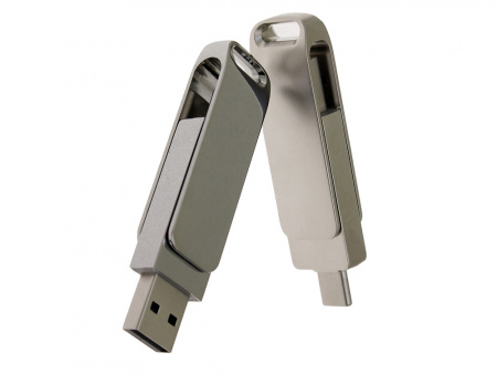 USB 2.0- флешка на 128 Гб поворотный механизм 2 в 1, c дополнительным разъемом Type-C с одноцветным металлическим клипом, серый