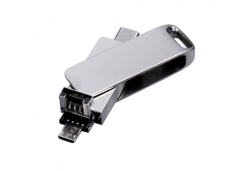 USB 2.0-флешка на 64 Гб поворотный механизм, c дополнительным разъемом Micro USB с одноцветным металлическим клипом