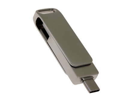 USB 2.0- флешка на 128 Гб поворотный механизм 2 в 1, c дополнительным разъемом Type-C с одноцветным металлическим клипом, серый