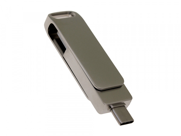 USB 3.0- флешка на 256 Гб поворотный механизм 2 в 1, c дополнительным разъемом Type-C с одноцветным металлическим клипом, серый